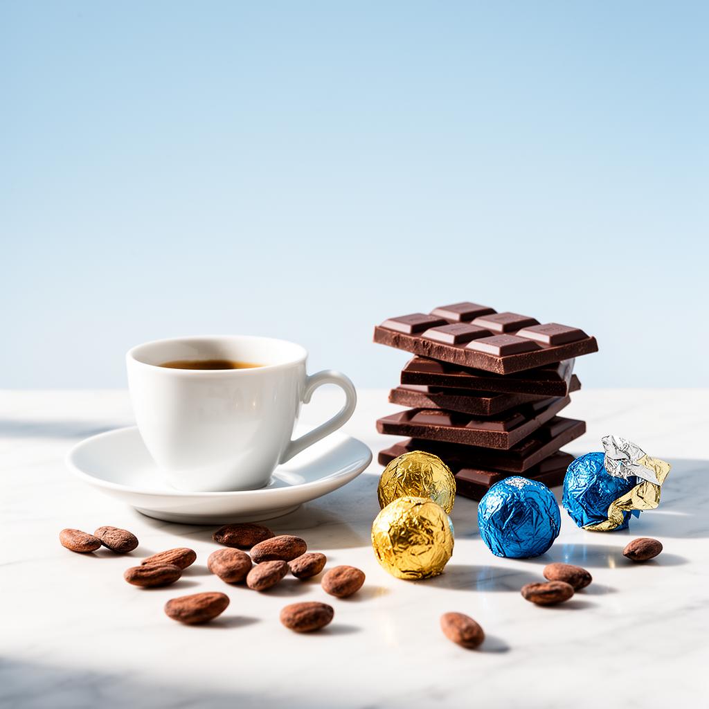Luxurious artisan chocolate tasting with espresso and foil-wrapped truffles
